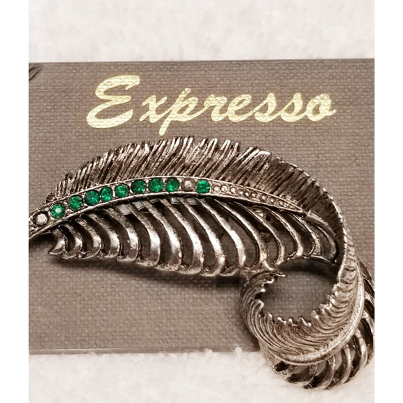 Express leaf pin gun metal gray with green rhinestones 81824 - Picture 3 of 3